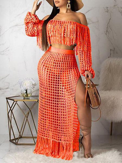 Crochet Mesh Tassels Crop Top & Skirt Set Orange