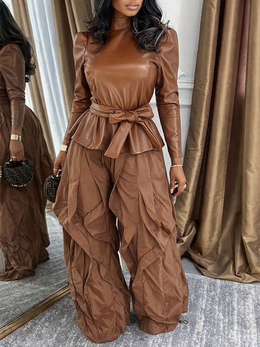 Faux-Leather Turtleneck Belted Top