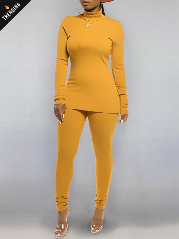 Solid Turtleneck Top & Pants Set