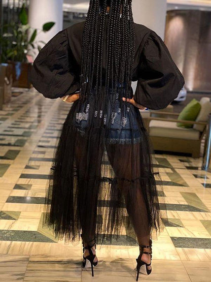 Tulle-Combo Puff-Sleeve Shirt