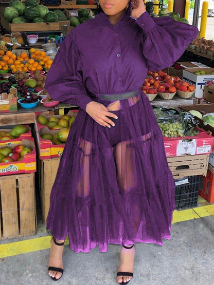 Tulle-Combo Puff-Sleeve Shirt