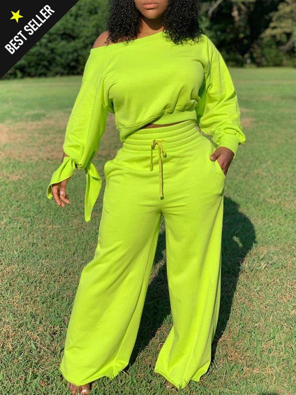 Solid Sweatshirt & Wide-Leg Pants Set