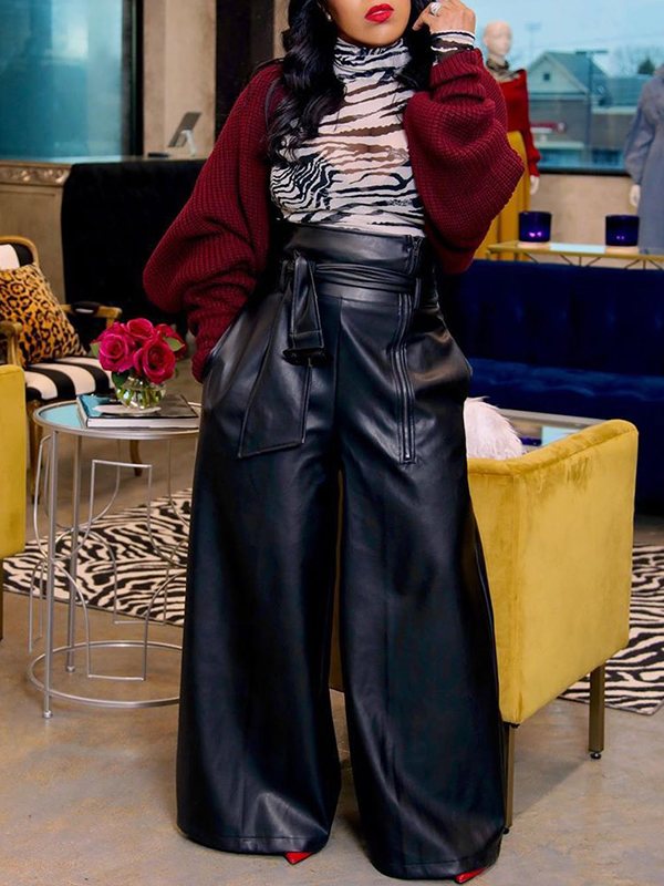 Gorgeousladie Faux-Leather Wide-Leg Belted Pants