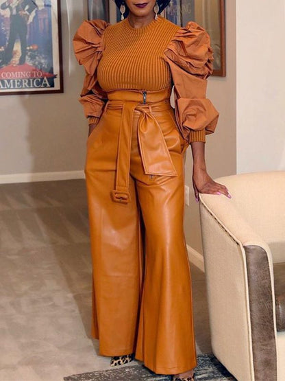 Gorgeousladie Faux-Leather Wide-Leg Belted Pants