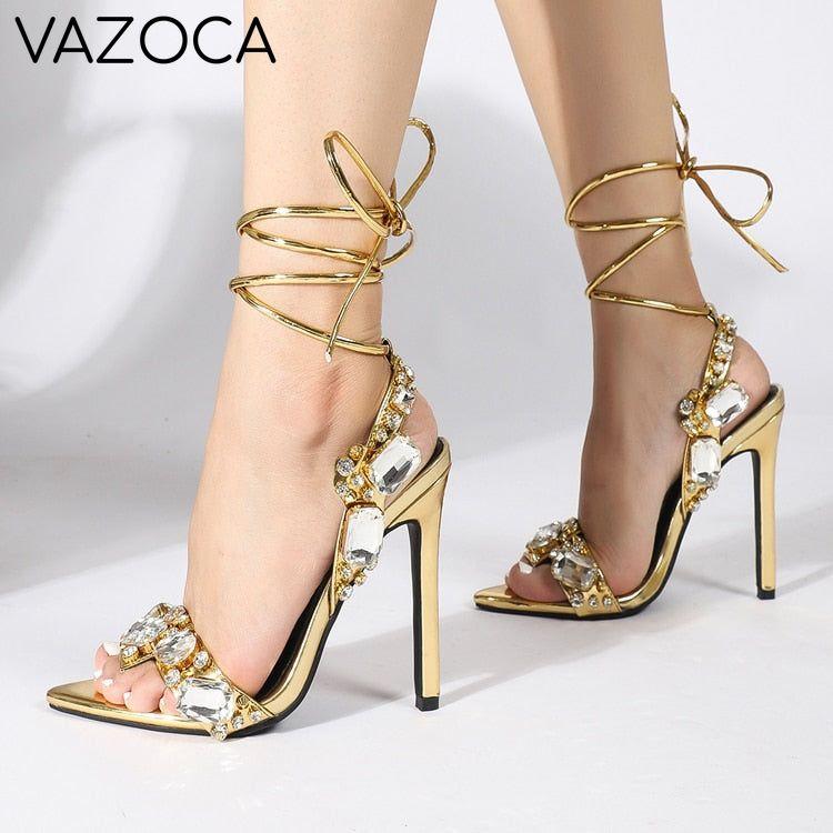 Golden Ankle Lace-Up High Heels