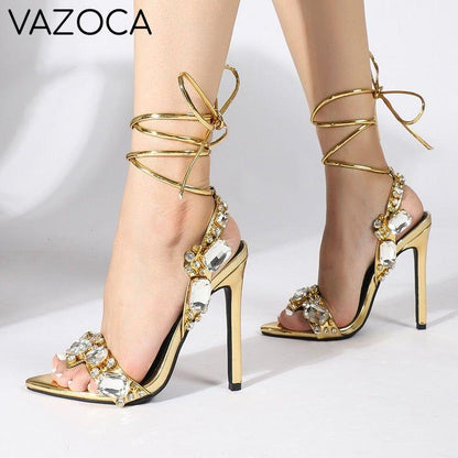 Golden Ankle Lace-Up High Heels