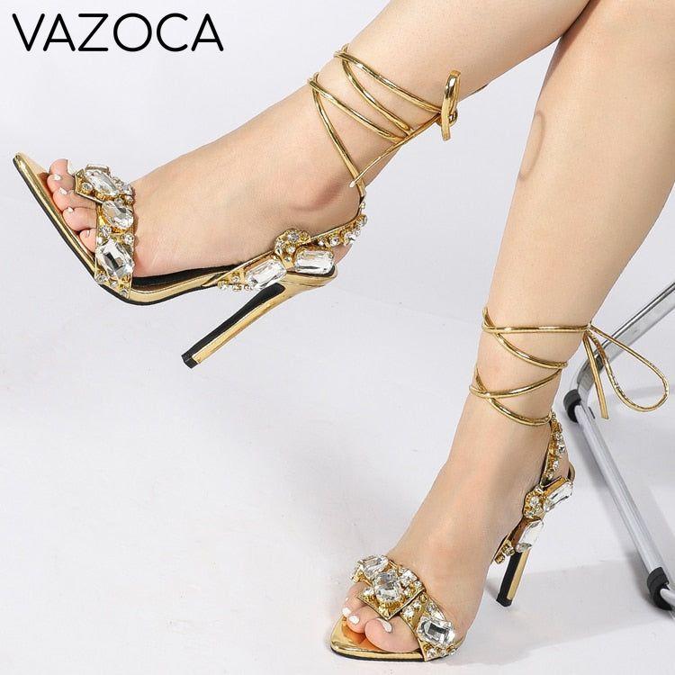 Golden Ankle Lace-Up High Heels