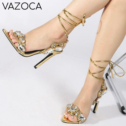Golden Ankle Lace-Up High Heels