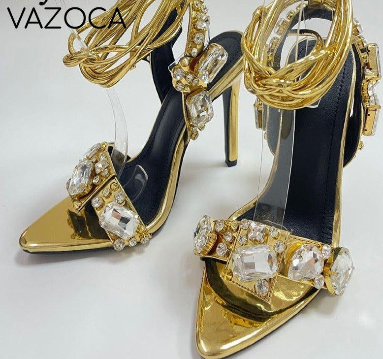 Golden Ankle Lace-Up High Heels