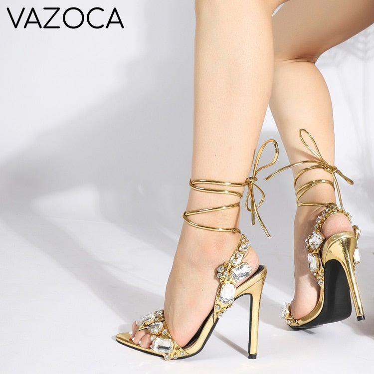 Golden Ankle Lace-Up High Heels