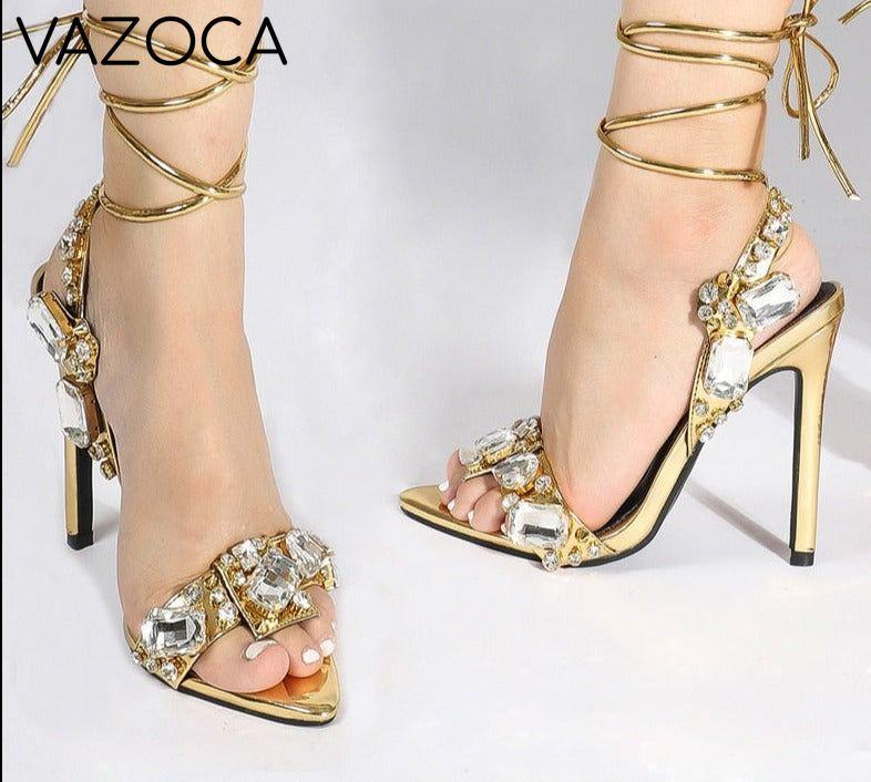 Golden Ankle Lace-Up High Heels