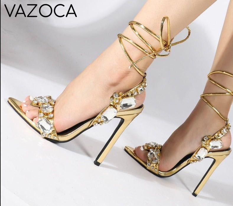 Golden Ankle Lace-Up High Heels
