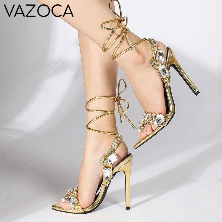Golden Ankle Lace-Up High Heels