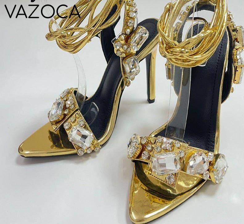 Golden Ankle Lace-Up High Heels