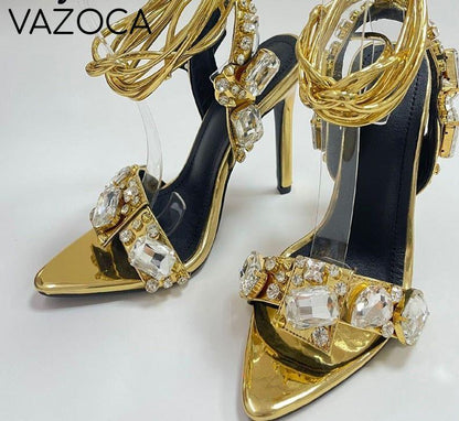 Golden Ankle Lace-Up High Heels