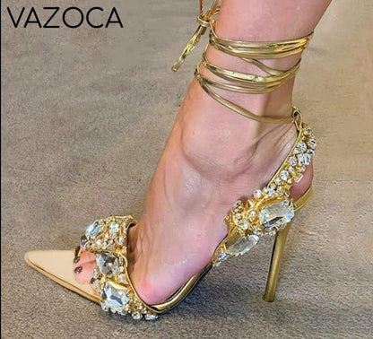 Golden Ankle Lace-Up High Heels