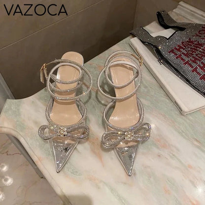 Rhinestone Bowknot Silk Pointed Toe High Heels