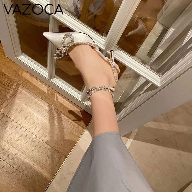 Rhinestone Bowknot Silk Pointed Toe High Heels