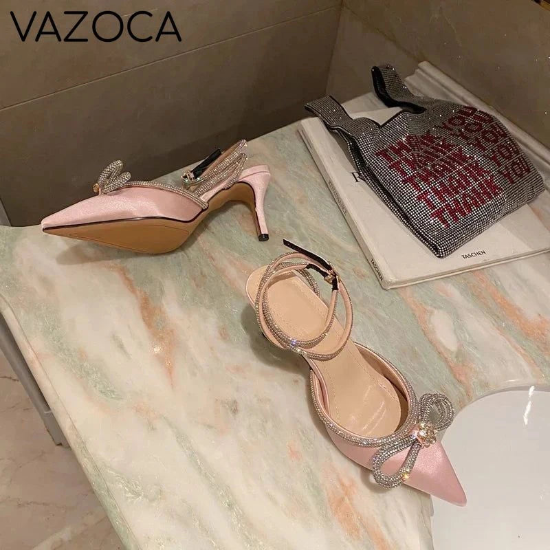 Rhinestone Bowknot Silk Pointed Toe High Heels