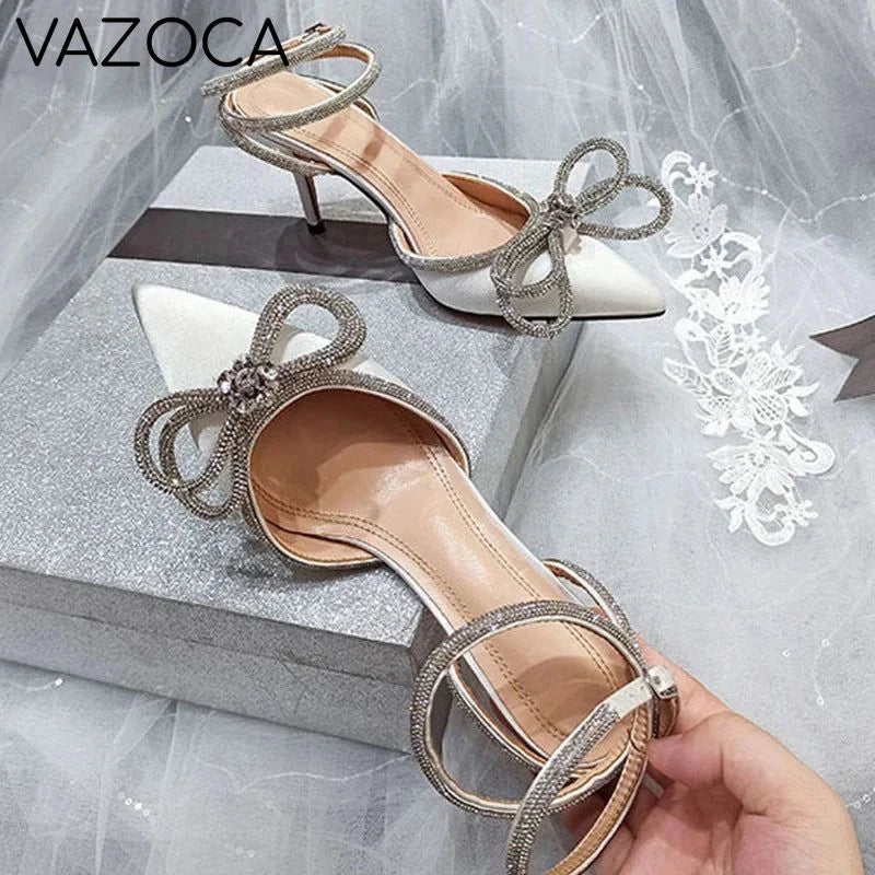 Rhinestone Bowknot Silk Pointed Toe High Heels