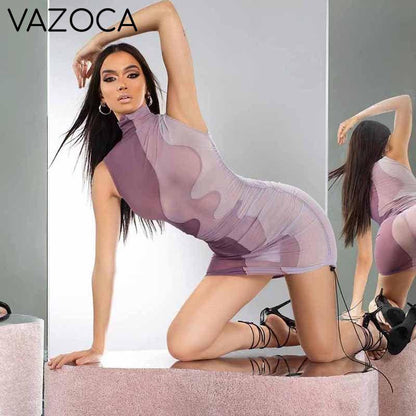 Turtleneck Mesh Patchwork Dress