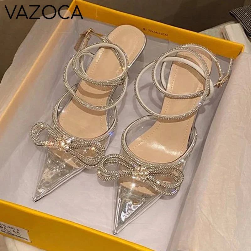 Rhinestone Bowknot Silk Pointed Toe High Heels