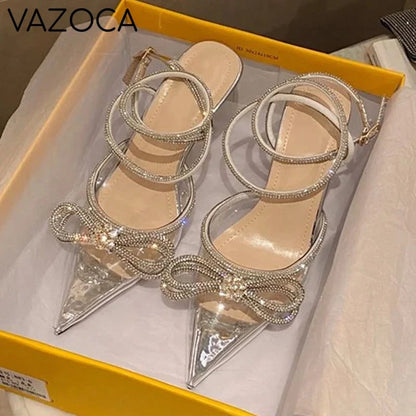 Rhinestone Bowknot Silk Pointed Toe High Heels