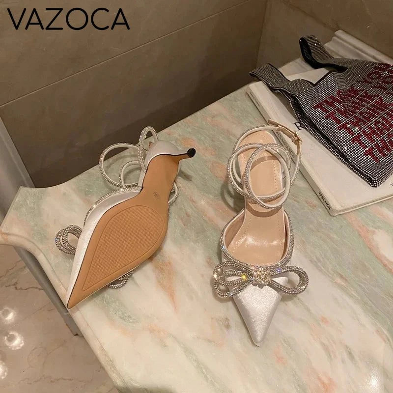 Rhinestone Bowknot Silk Pointed Toe High Heels