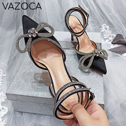 Rhinestone Bowknot Silk Pointed Toe High Heels
