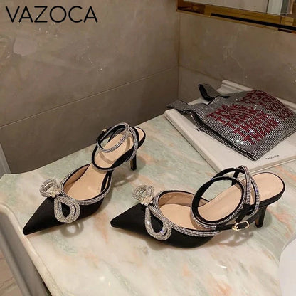 Rhinestone Bowknot Silk Pointed Toe High Heels