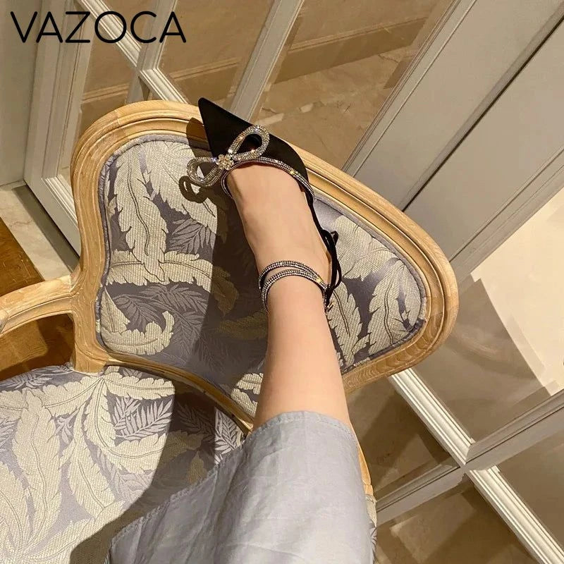 Rhinestone Bowknot Silk Pointed Toe High Heels
