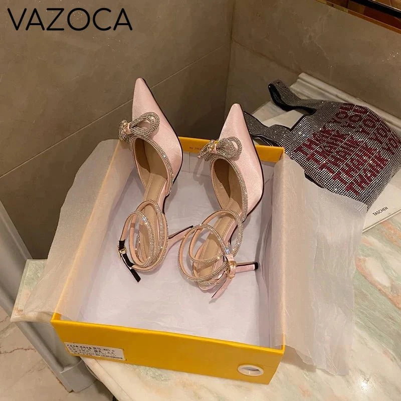 Rhinestone Bowknot Silk Pointed Toe High Heels