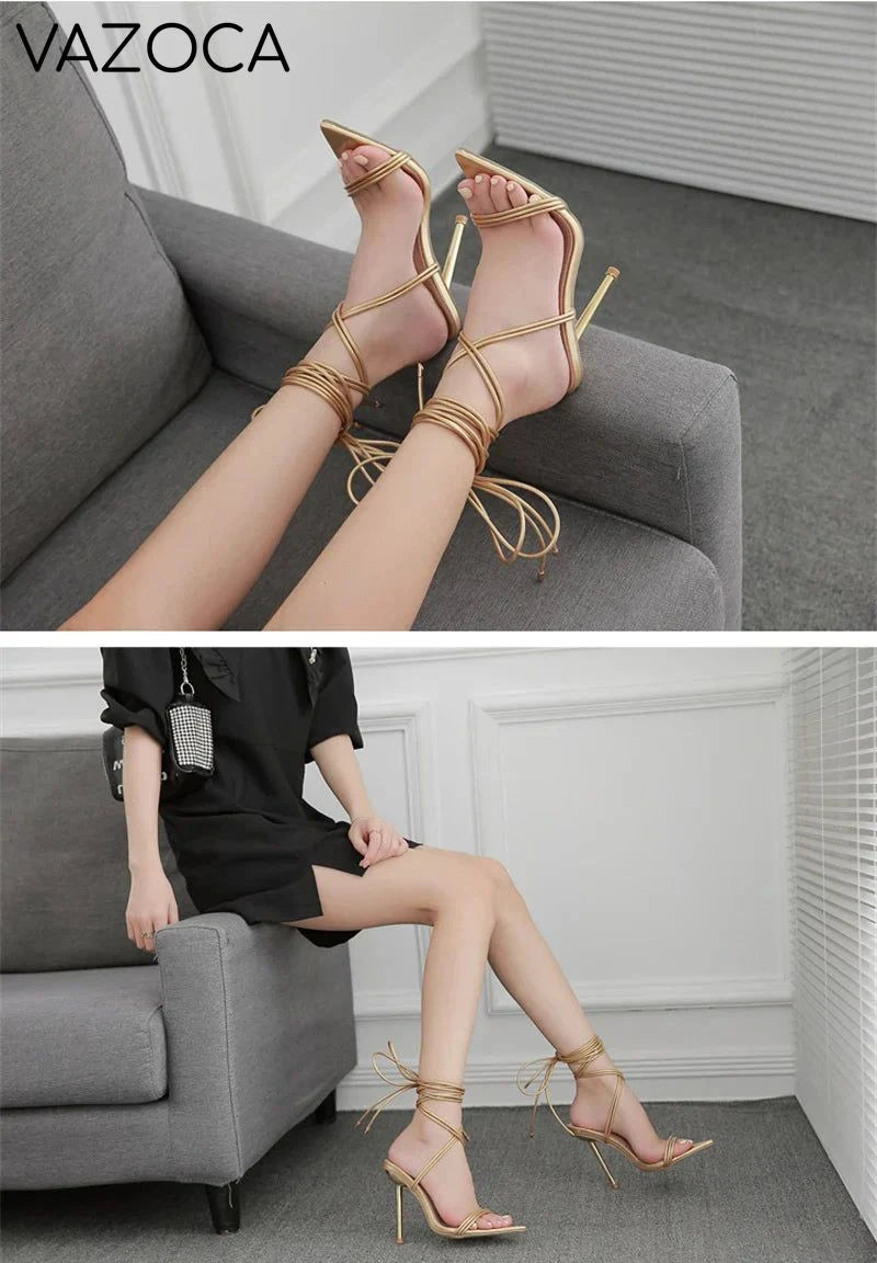 Gladiator Pointed Toe Lace-Up Stiletto Heels