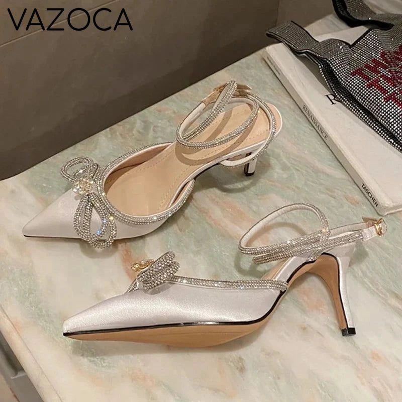 Rhinestone Bowknot Silk Pointed Toe High Heels