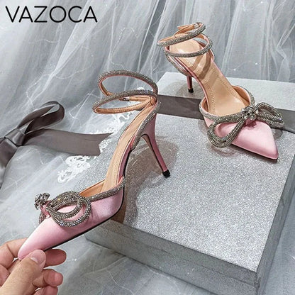 Rhinestone Bowknot Silk Pointed Toe High Heels