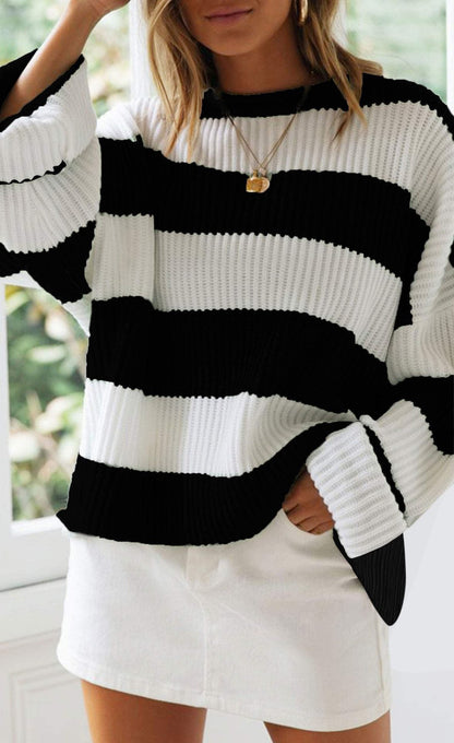 Autumn And Winter Crew-Neck Long-Sleeved Matching Striped Knitwear