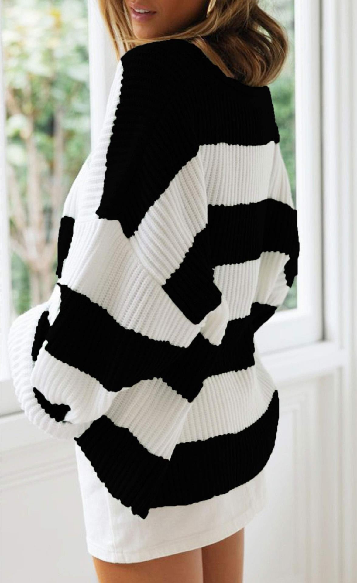 Autumn And Winter Crew-Neck Long-Sleeved Matching Striped Knitwear