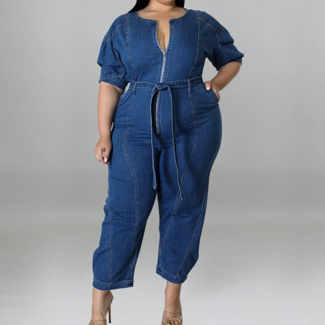 New Short Sleeve Zipper Fashion Wash Denim Romper