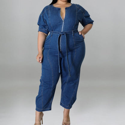 New Short Sleeve Zipper Fashion Wash Denim Romper