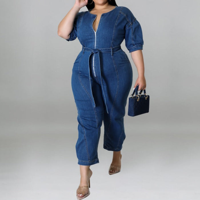 New Short Sleeve Zipper Fashion Wash Denim Romper