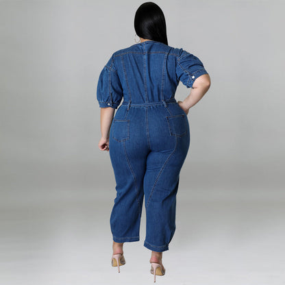 New Short Sleeve Zipper Fashion Wash Denim Romper