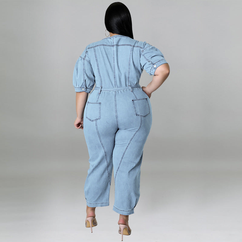 New Short Sleeve Zipper Fashion Wash Denim Romper