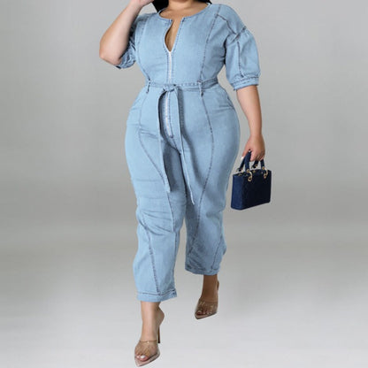 New Short Sleeve Zipper Fashion Wash Denim Romper