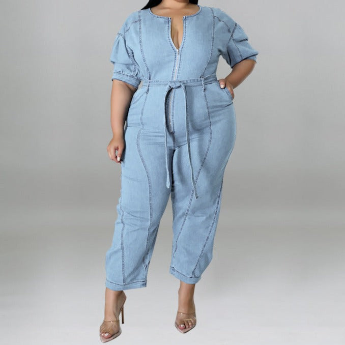 New Short Sleeve Zipper Fashion Wash Denim Romper