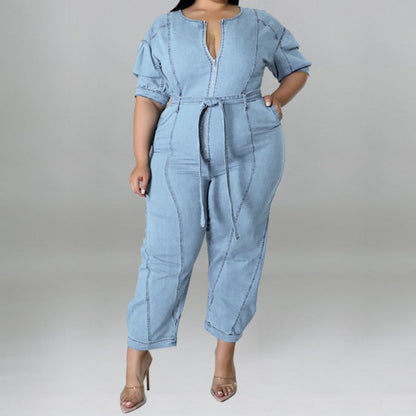 New Short Sleeve Zipper Fashion Wash Denim Romper