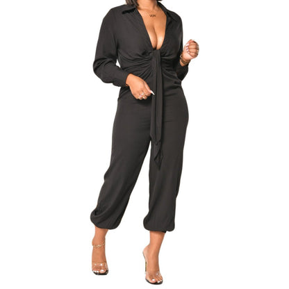 Sexy Long-Sleeved European And American Women's V-Neck Jumpsuit