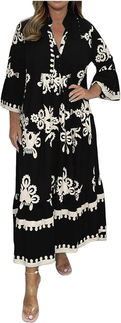 Elegant Printed Stand Collar Waist Dress