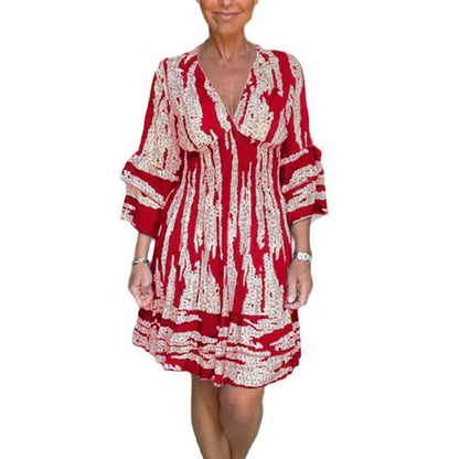 Flared Sleeve V-Neck Autumn Eight-Sleeve Printed Mid-Length Dress