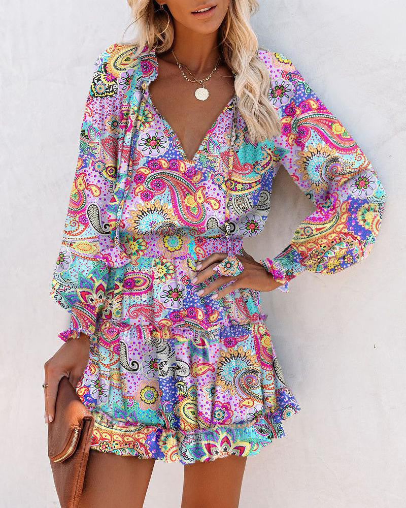 Color Contrast Long-Sleeved V-Neck Fashion Print Waist Dress