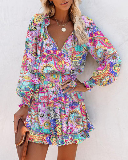 Color Contrast Long-Sleeved V-Neck Fashion Print Waist Dress